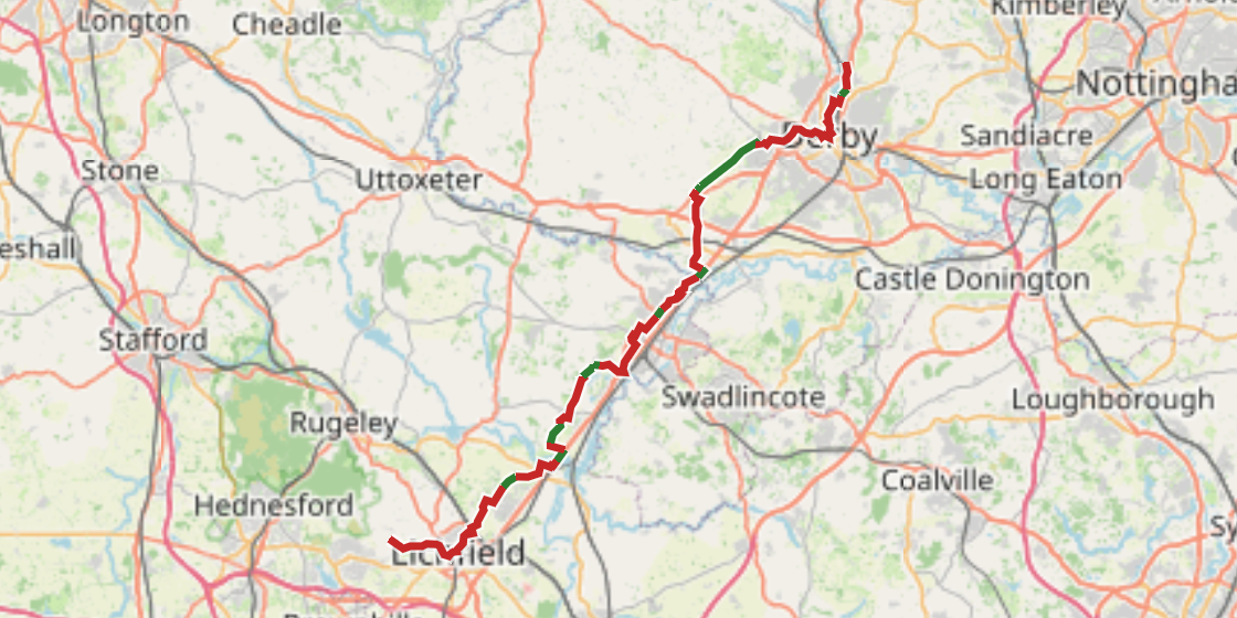 Map of NCN 54 - Derby to Lichfield