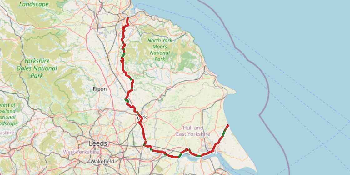 Map of NCN 65 - Hornsea to Middlesbrough